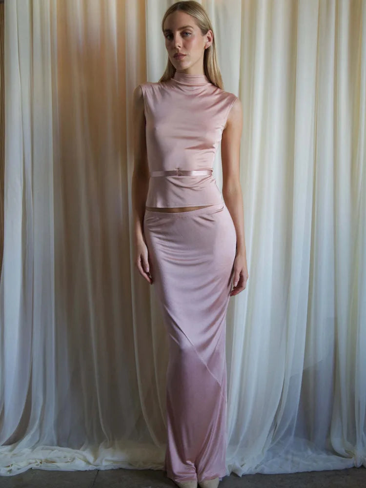 Elegante conjunto de top y falda ajustados con cuello redondo sin mangas para mujer, moda Otoño Invierno 2025, conjunto de fiesta de dos piezas.