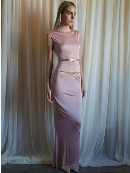 Elegante conjunto de top y falda ajustados con cuello redondo sin mangas para mujer, moda Otoño Invierno 2025, conjunto de fiesta de dos piezas.