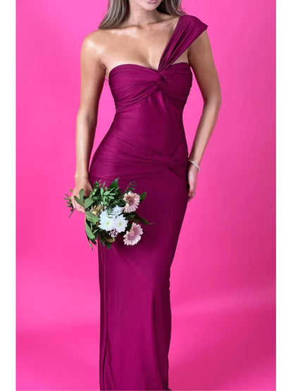 Elegante vestido de noche sin mangas con un solo hombro y cremallera para mujer, vestido largo plisado ajustado para fiesta y club.