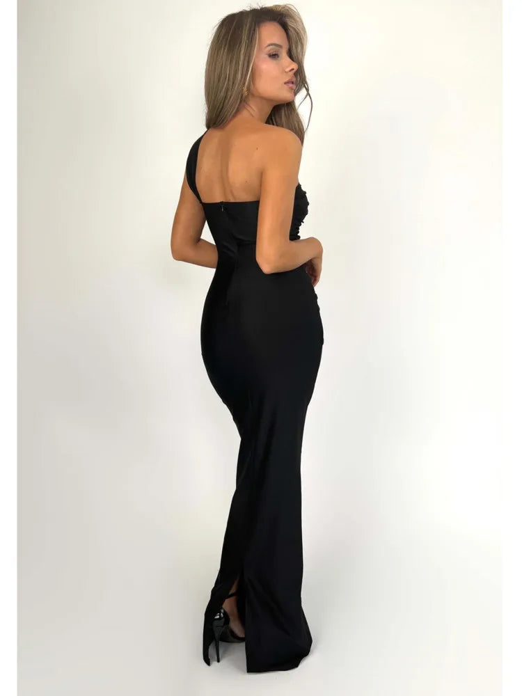 Elegante vestido de noche sin mangas con un solo hombro y cremallera para mujer, vestido largo plisado ajustado para fiesta y club.