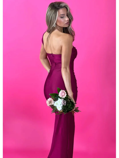 Elegante vestido de noche sin mangas con un solo hombro y cremallera para mujer, vestido largo plisado ajustado para fiesta y club.