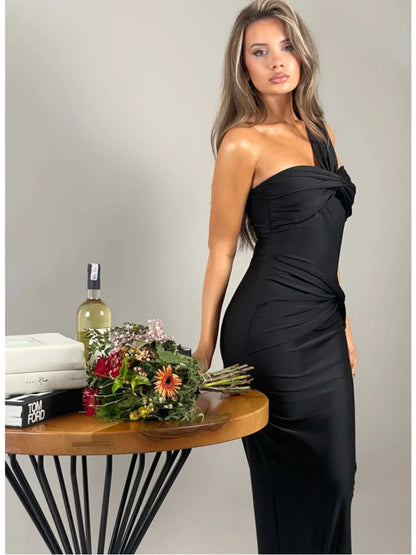 Elegante vestido de noche sin mangas con un solo hombro y cremallera para mujer, vestido largo plisado ajustado para fiesta y club.