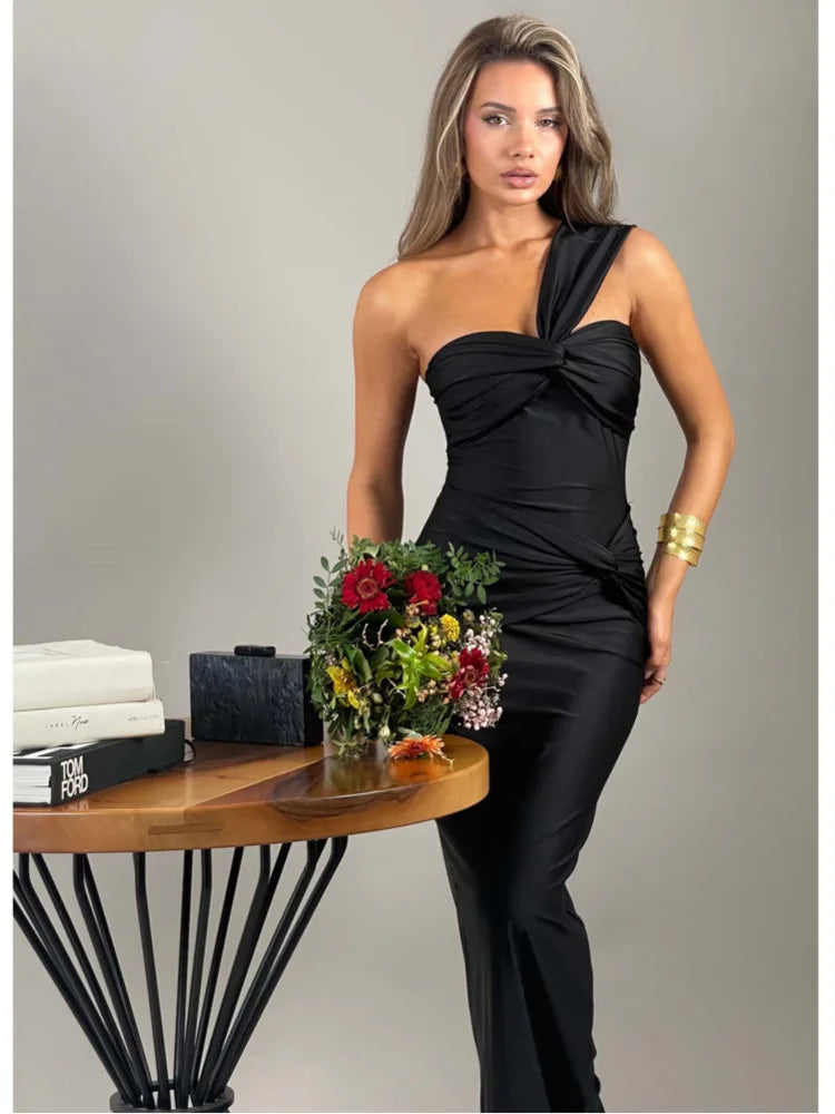 Elegante vestido de noche sin mangas con un solo hombro y cremallera para mujer, vestido largo plisado ajustado para fiesta y club.