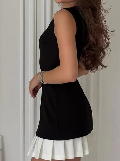 Elegante vestido de verano para mujer, sin mangas, ajustado, con falda plisada y patchwork, para noche, ocio y vacaciones