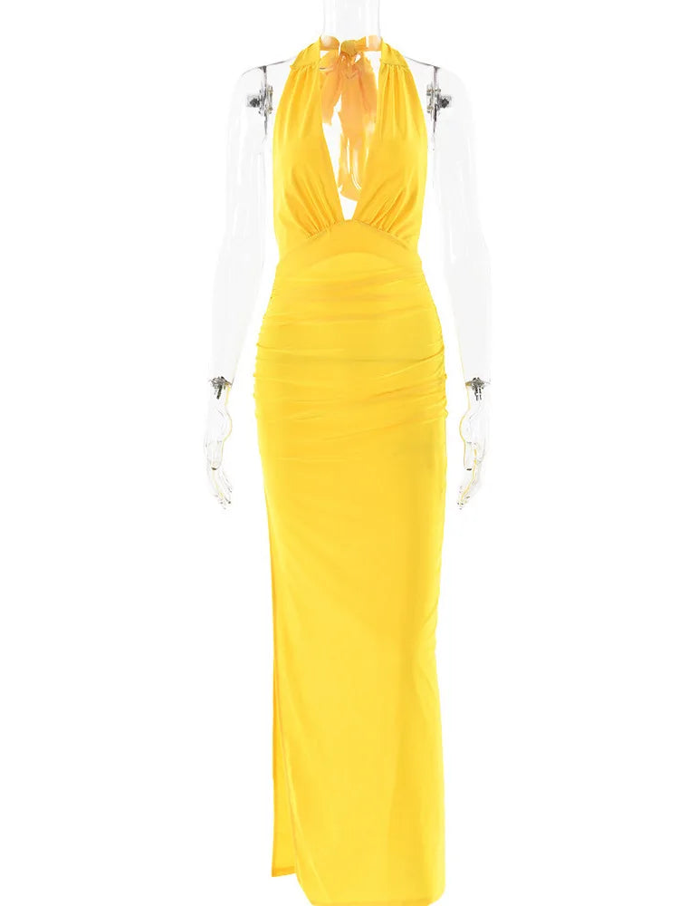 Elegant Spaghetti Strap Satin Bodycon Split Long Dress Women’s Sexy Deep V Backless Evening Dress Female Party Clubwear