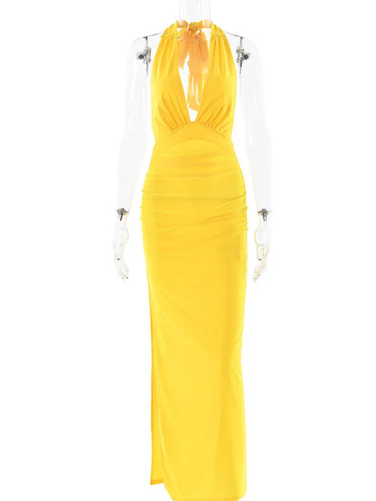 Elegant Spaghetti Strap Satin Bodycon Split Long Dress Women’s Sexy Deep V Backless Evening Dress Female Party Clubwear