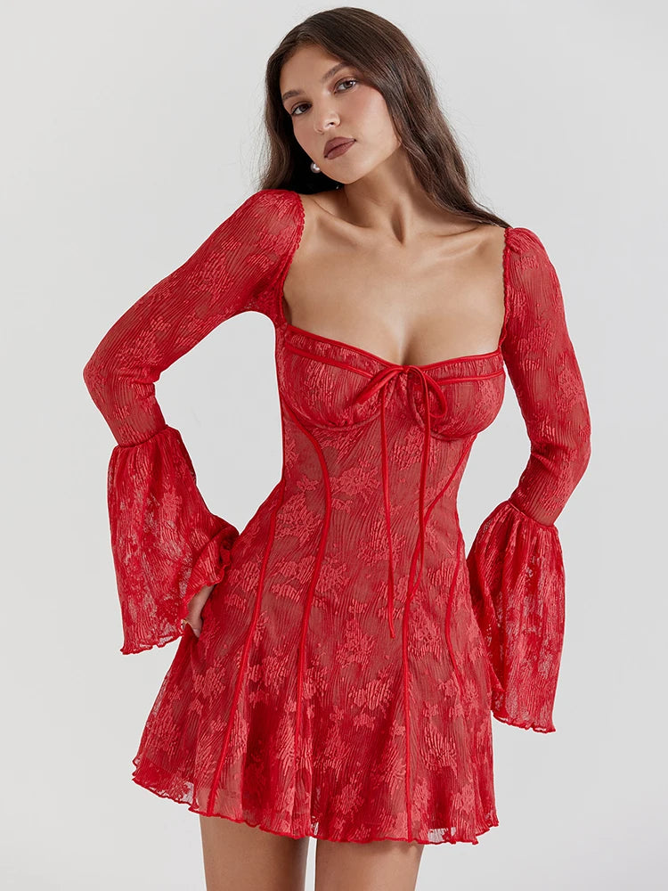 Vestido elegante de mujer con cuello cuadrado, encaje y patchwork, mangas acampanadas, borde con volantes, doble capa, ajustado, para fiesta y noche