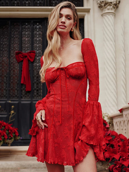 Vestido elegante de mujer con cuello cuadrado, encaje y patchwork, mangas acampanadas, borde con volantes, doble capa, ajustado, para fiesta y noche