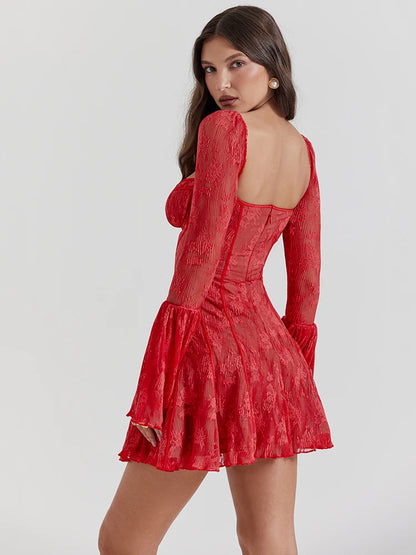 Vestido elegante de mujer con cuello cuadrado, encaje y patchwork, mangas acampanadas, borde con volantes, doble capa, ajustado, para fiesta y noche