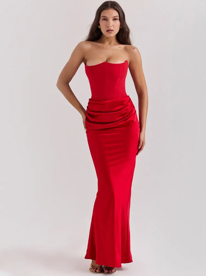 Elegant Strapless Satin PatchWork Bodycon Party Club Evening Dress Women Winter Sexy Backless Female Vestido 2025 New