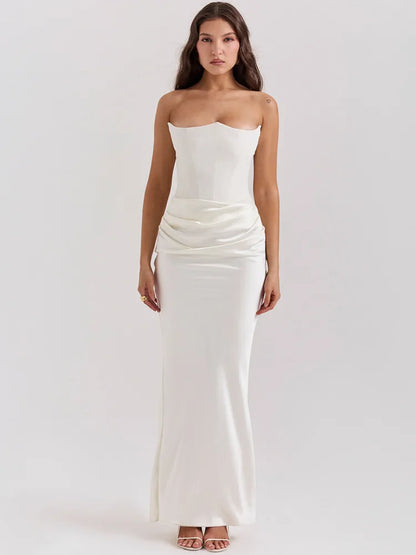 Elegant Strapless Satin PatchWork Bodycon Party Club Evening Dress Women Winter Sexy Backless Female Vestido 2025 New
