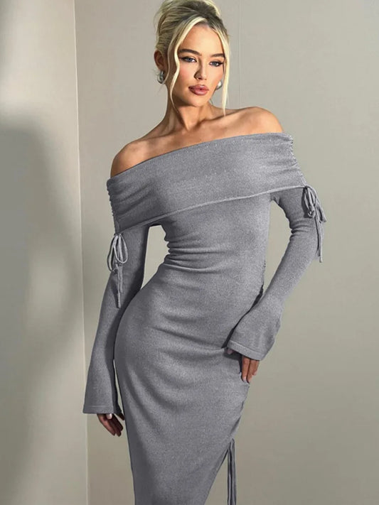 Elegant Winter New Women Fashion Long sleeved Dress One line Neck Drawstring Wrap Hip Vestidos Bodycon Party Evening
