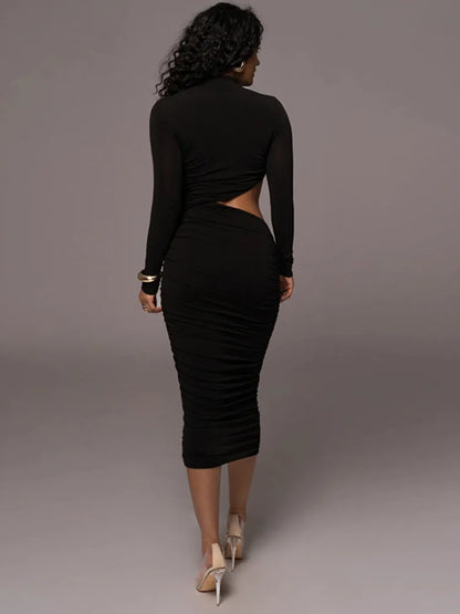 Elegant Women Long Sleeved Sexy Hollow Out Party Evening Dress Pleated Tight Elegant Formal Vestidos Autumn/winter 2025
