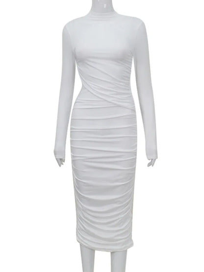Elegant Women Long Sleeved Sexy Hollow Out Party Evening Dress Pleated Tight Elegant Formal Vestidos Autumn/winter 2025