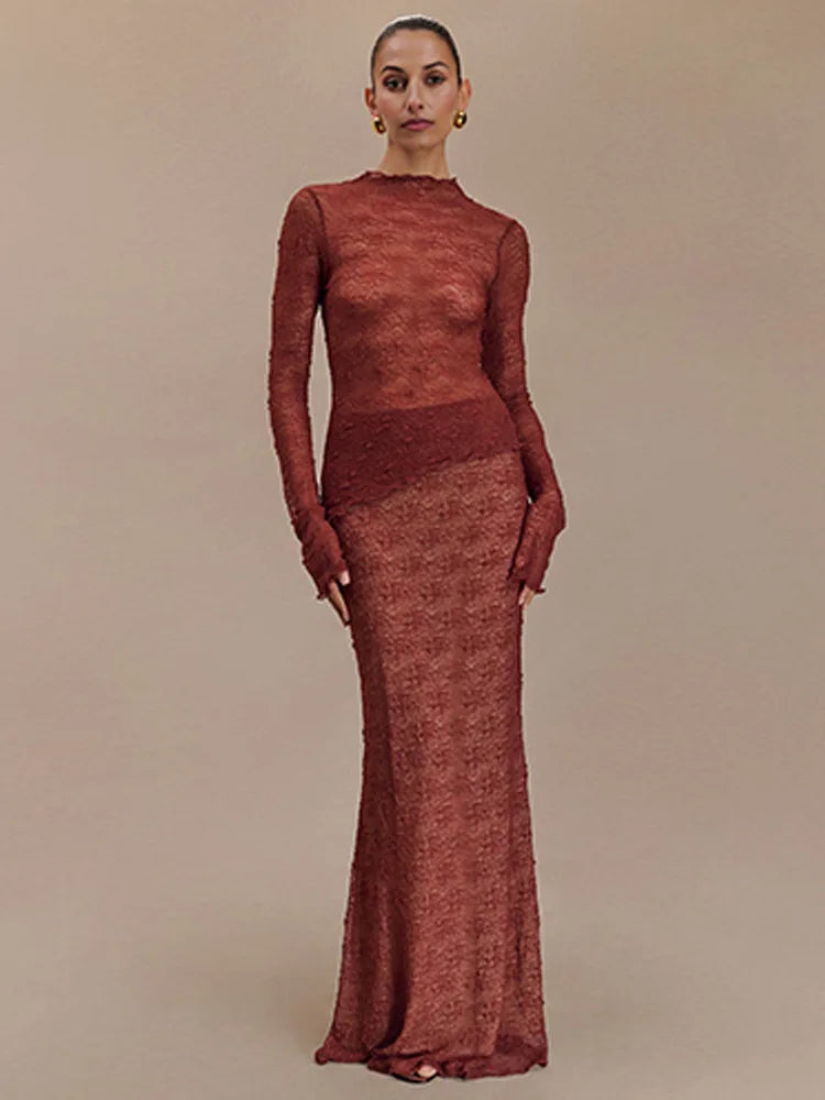 Fashion Lace Long Sleeved Round Neck Top Skirt Two-piece Set For Women  Autumn Winter New Transparent T-shirt Set