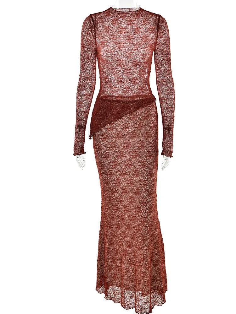 Fashion Lace Long Sleeved Round Neck Top Skirt Two-piece Set For Women  Autumn Winter New Transparent T-shirt Set