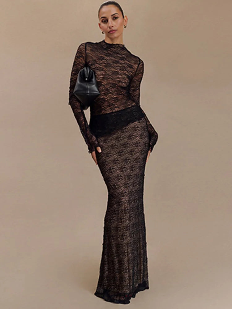 Fashion Lace Long Sleeved Round Neck Top Skirt Two-piece Set For Women  Autumn Winter New Transparent T-shirt Set