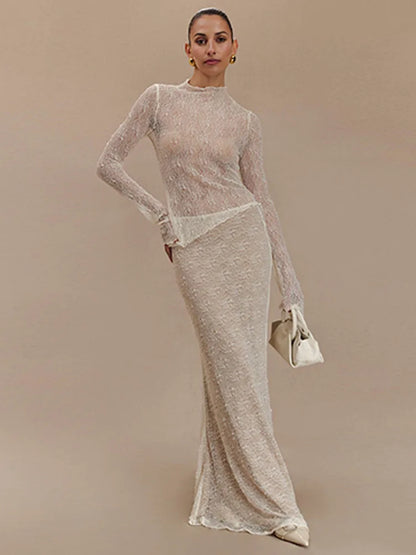Fashion Lace Long Sleeved Round Neck Top Skirt Two-piece Set For Women  Autumn Winter New Transparent T-shirt Set