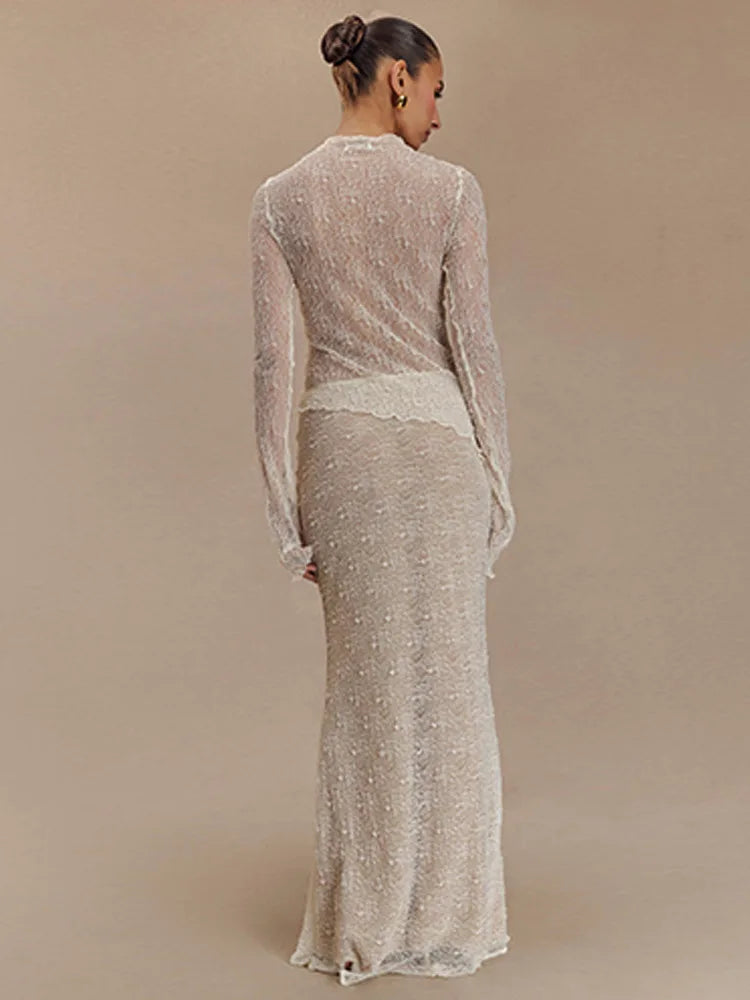 Fashion Lace Long Sleeved Round Neck Top Skirt Two-piece Set For Women  Autumn Winter New Transparent T-shirt Set