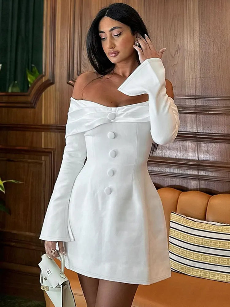 Vestido ajustado de manga larga con botones para mujer, falda sexy ajustada de un solo hombro para fiesta y noche, otoño