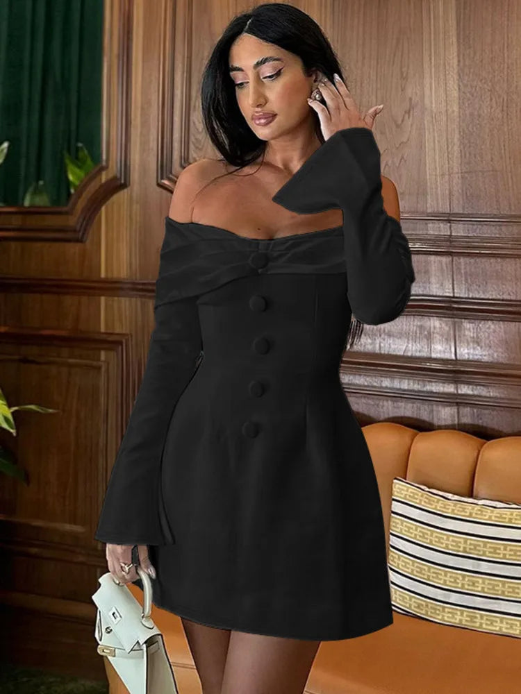 Vestido ajustado de manga larga con botones para mujer, falda sexy ajustada de un solo hombro para fiesta y noche, otoño