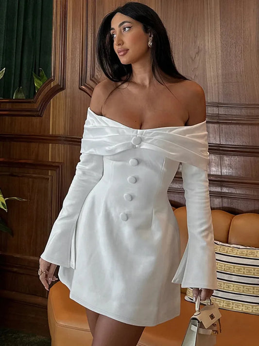 Fashion Long Sleeve Button Bodycon Women Dress  Autumn New Skirt Sexy Slim One Shoulder Party Club Evening Dress