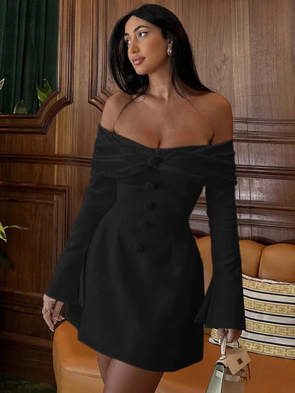 Vestido ajustado de manga larga con botones para mujer, falda sexy ajustada de un solo hombro para fiesta y noche, otoño