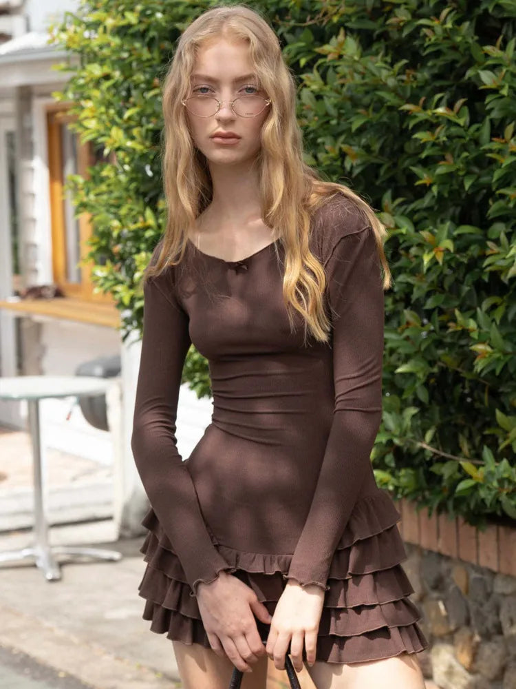 Vestido corto ajustado de manga larga con elástico y cuello redondo para mujer, ropa de calle para otoño e invierno