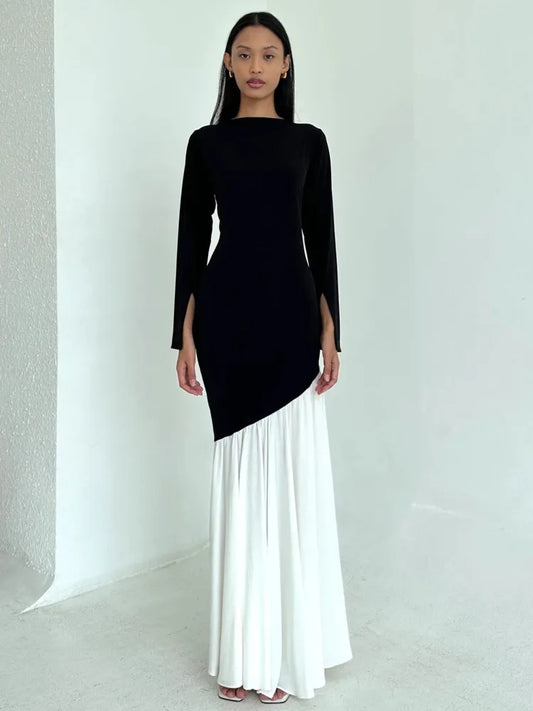 Vestido ajustado de manga larga con retazos para mujer, cuello redondo, ajustado, elástico, otoño e invierno, novedad de 2025, maxivestido plisado