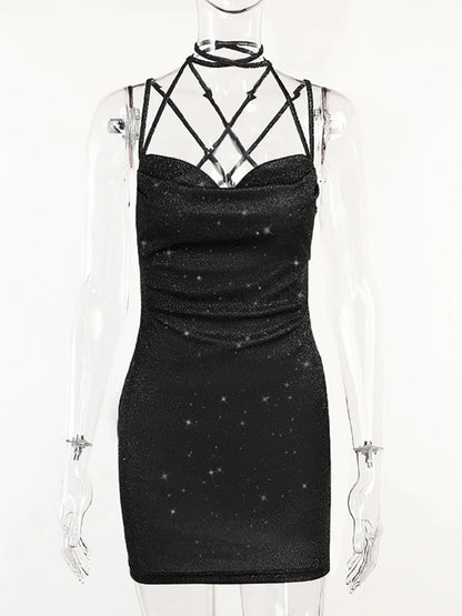 Vestido de mujer de seda brillante con purpurina y tirantes finos, fruncido, sexy, plateado, ajustado, para fiesta y club, para otoño