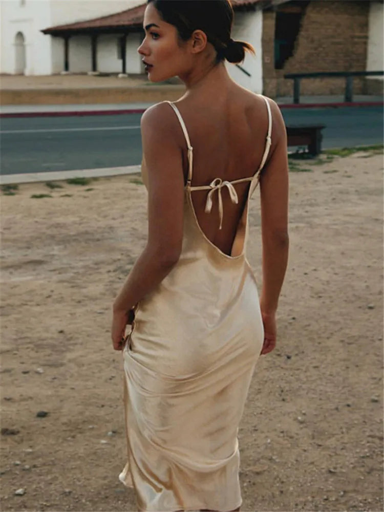 Vestido de fiesta sexy de satén dorado con cordones y tirantes, de seda, largo, elegante, de noche, suave, para invierno