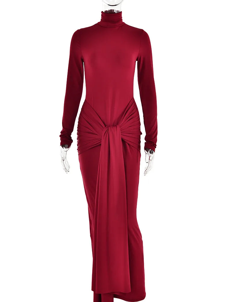 High Neck Long Sleeve Bodycon Dress For Women Tight Elastic Lace Up Maxi Long Dress Autumn  New Party Club Vestidos