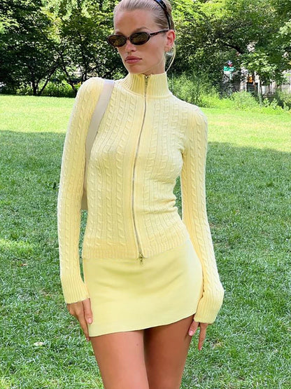 Suéter de punto de cuello alto con cremallera para mujer, suéter amarillo de manga larga, suéter cálido para mujer, ropa de calle informal lisa de otoño