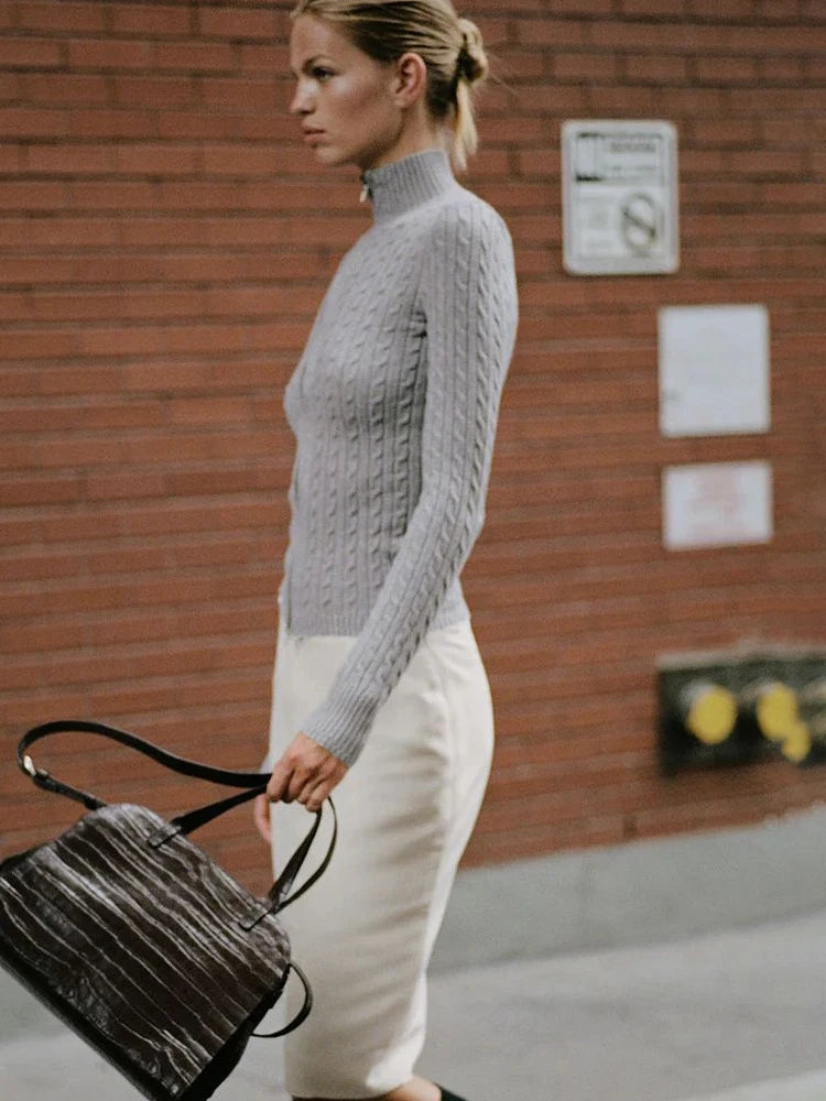 Suéter de punto de cuello alto con cremallera para mujer, suéter amarillo de manga larga, suéter cálido para mujer, ropa de calle informal lisa de otoño
