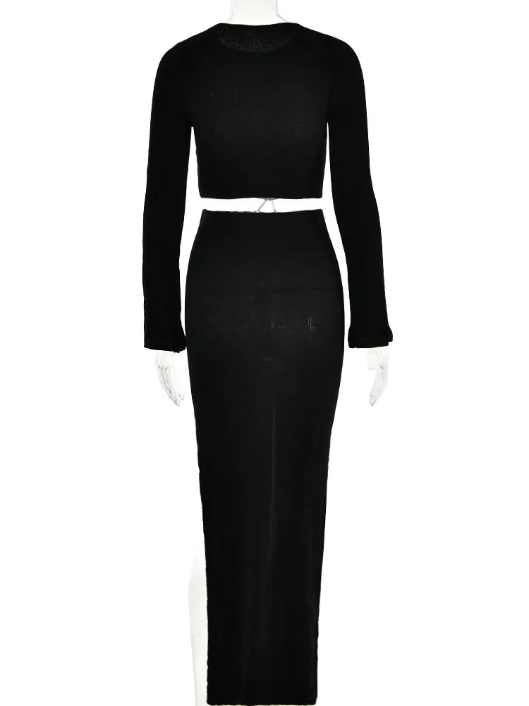 Knitting Sexy Hollow Out High Slit Women’s Dress Flare Sleeve Tight O-Neck Dress Party Club Evening Vestidos 2025 New