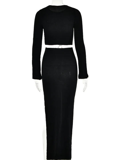 Knitting Sexy Hollow Out High Slit Women’s Dress Flare Sleeve Tight O-Neck Dress Party Club Evening Vestidos 2025 New