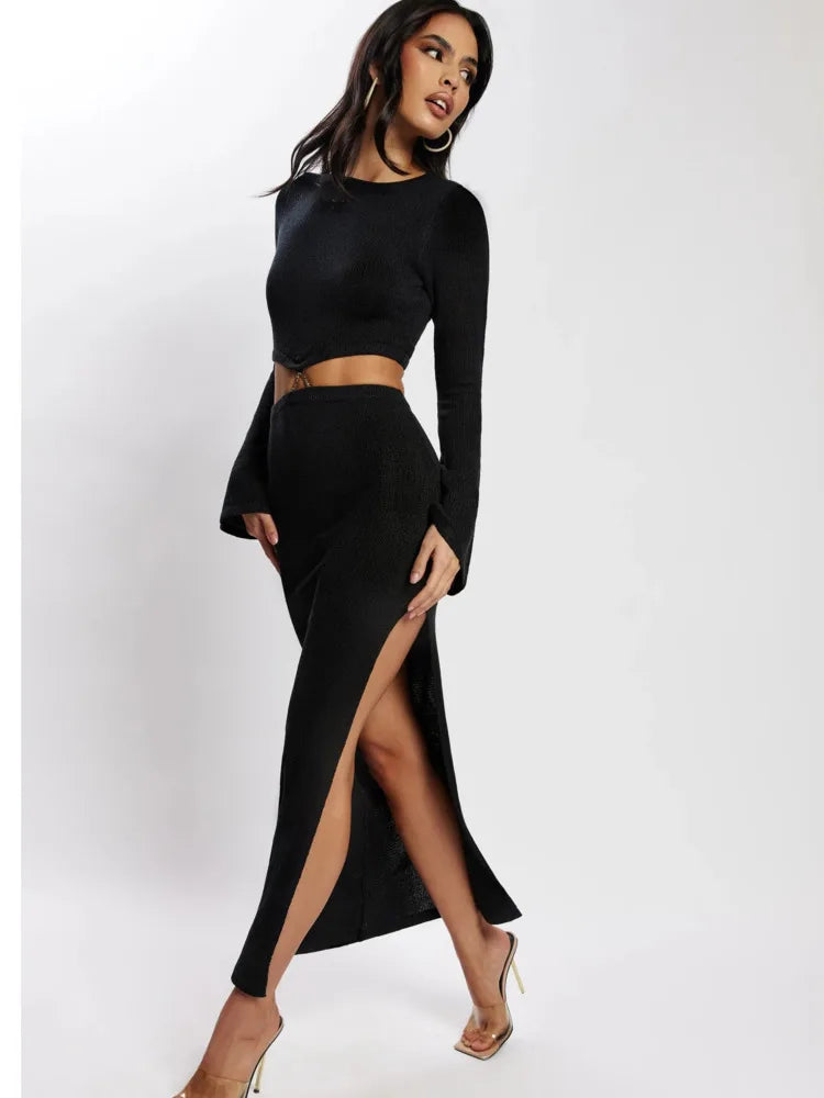 Knitting Sexy Hollow Out High Slit Women’s Dress Flare Sleeve Tight O-Neck Dress Party Club Evening Vestidos 2025 New