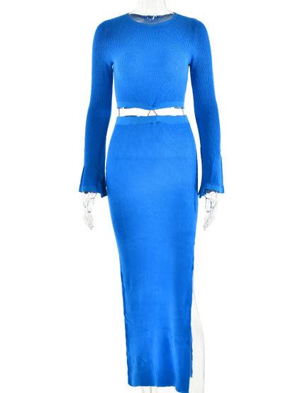 Knitting Sexy Hollow Out High Slit Women’s Dress Flare Sleeve Tight O-Neck Dress Party Club Evening Vestidos 2025 New