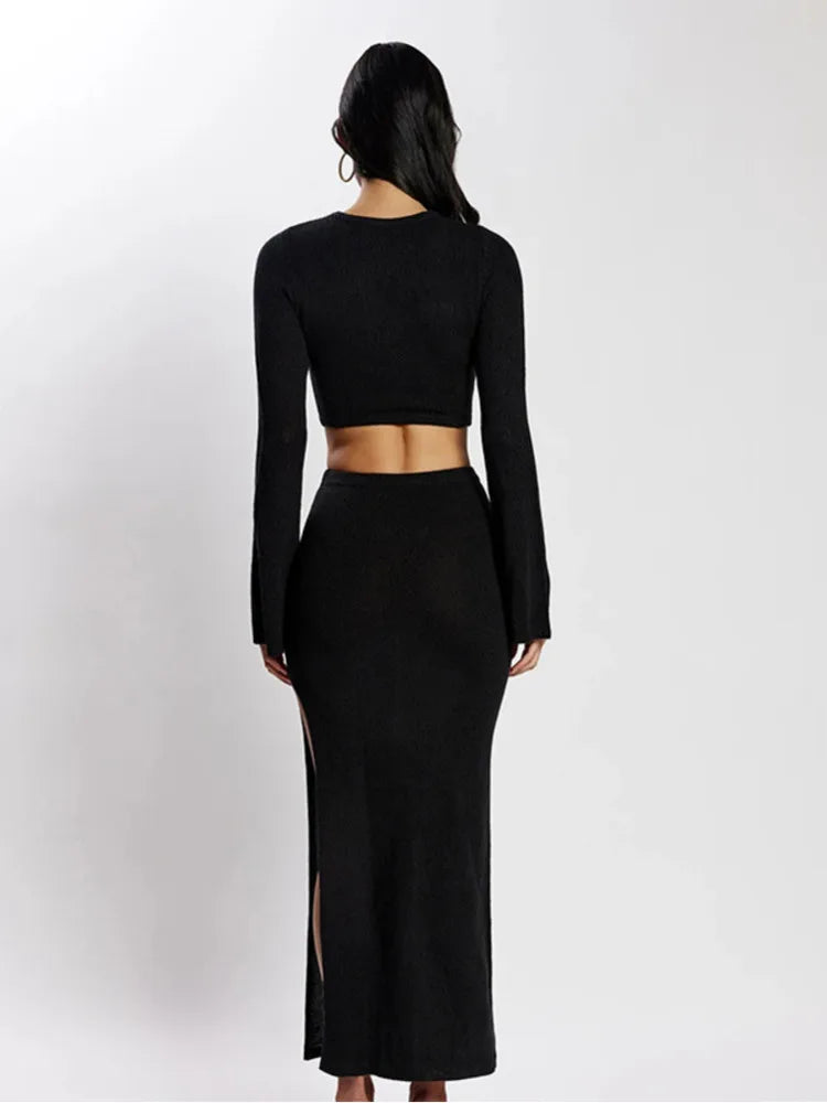 Knitting Sexy Hollow Out High Slit Women’s Dress Flare Sleeve Tight O-Neck Dress Party Club Evening Vestidos 2025 New