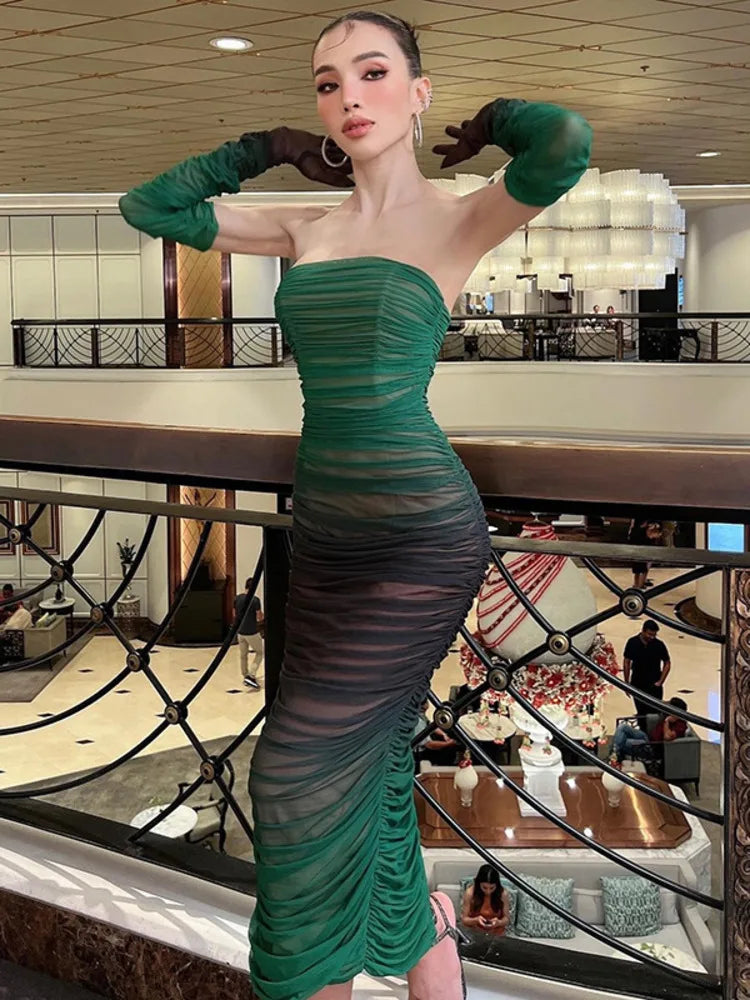 Mesh Gradient Patch Women’s Dress Modified Bodycon Strapless Split Double Layer Midi Vesidos Party Club Evening Dress