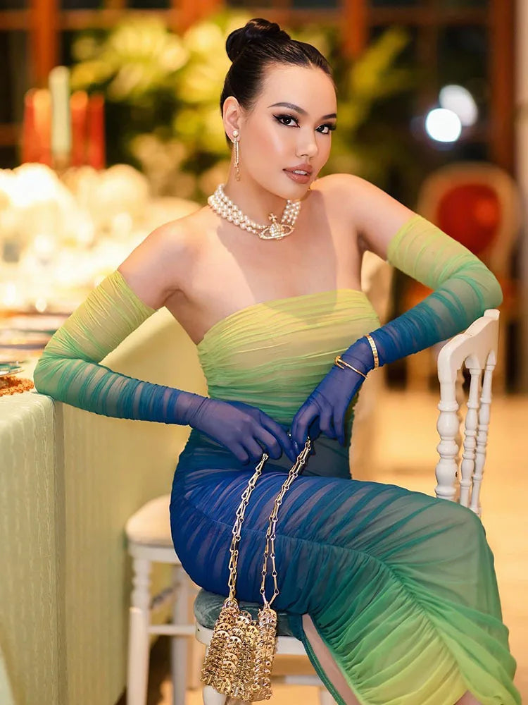 Mesh Gradient Patch Women’s Dress Modified Bodycon Strapless Split Double Layer Midi Vesidos Party Club Evening Dress