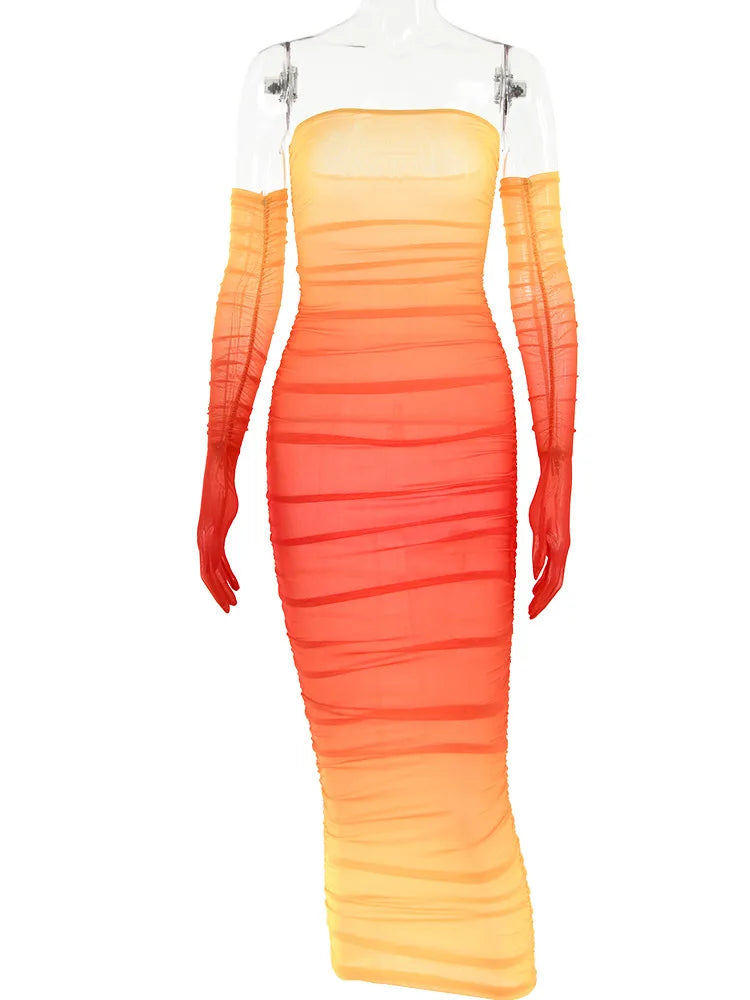 Mesh Gradient Patch Women’s Dress Modified Bodycon Strapless Split Double Layer Midi Vesidos Party Club Evening Dress