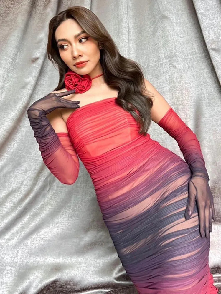 Mesh Gradient Patch Women’s Dress Modified Bodycon Strapless Split Double Layer Midi Vesidos Party Club Evening Dress
