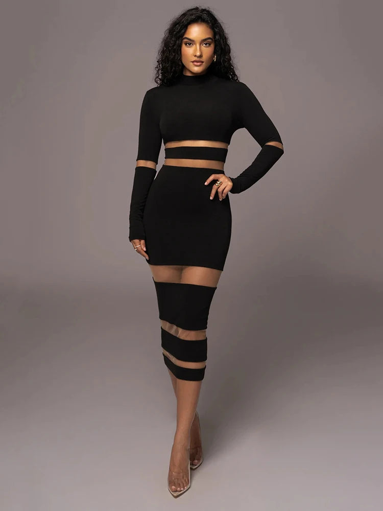 Mesh Patchwork Perspective Long Sleeve Dress For Women’s Tight Fit Midi Female Dress Fashion Street Party Club Vestidos