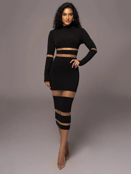 Mesh Patchwork Perspective Long Sleeve Dress For Women’s Tight Fit Midi Female Dress Fashion Street Party Club Vestidos