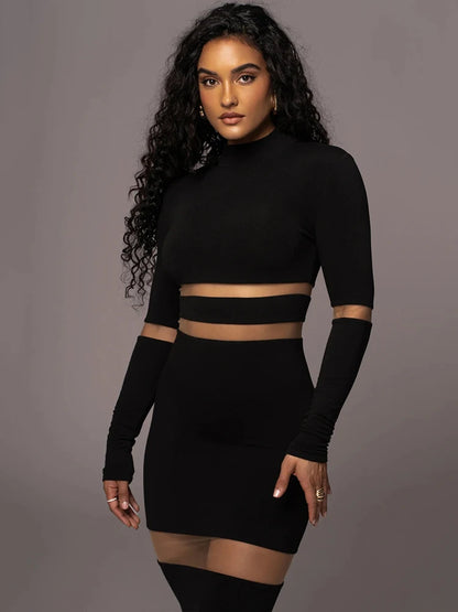 Mesh Patchwork Perspective Long Sleeve Dress For Women’s Tight Fit Midi Female Dress Fashion Street Party Club Vestidos