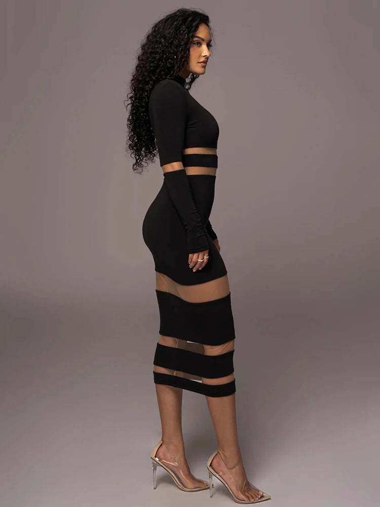 Mesh Patchwork Perspective Long Sleeve Dress For Women’s Tight Fit Midi Female Dress Fashion Street Party Club Vestidos