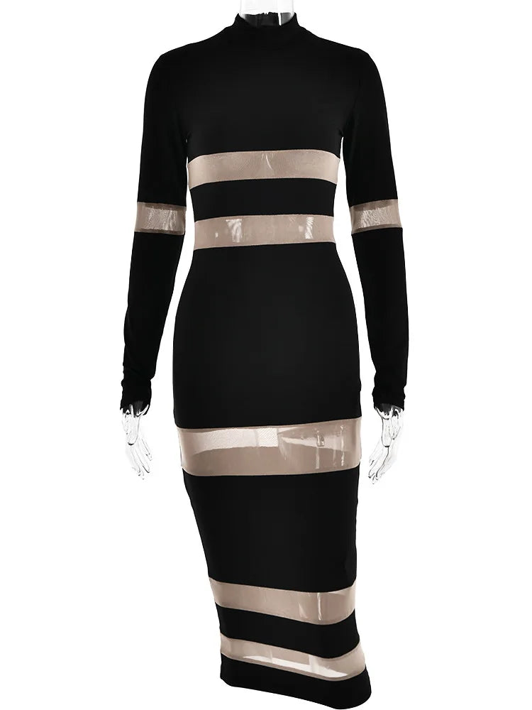 Mesh Patchwork Perspective Long Sleeve Dress For Women’s Tight Fit Midi Female Dress Fashion Street Party Club Vestidos