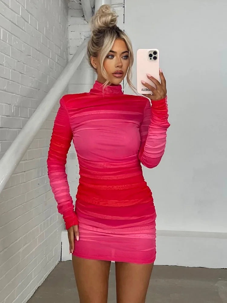 Vestido minivestido de mujer con cuello redondo, manga larga en contraste, elástico, ajustado y con volantes para fiesta urbana, moda otoño 2025, nuevo