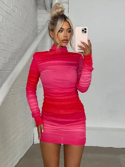 Vestido minivestido de mujer con cuello redondo, manga larga en contraste, elástico, ajustado y con volantes para fiesta urbana, moda otoño 2025, nuevo